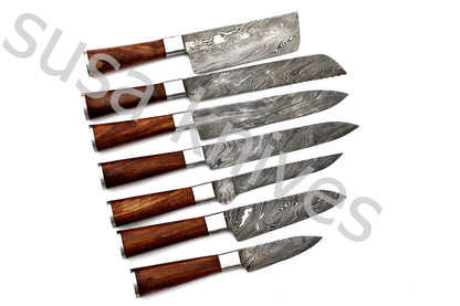 Custom Made Damascus Steel Kitchen Knives Set / Chef’s Knife 7-Pcs - SUSA KNIVES