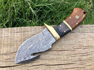 BEAUTIFUL HANDMADE DAMASCUS STEEL SKINNER KNIFE GUT HOOK - SUSA KNIVES