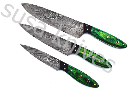 Custom Made Damascus Steel Kitchen Knives Set / Chef’s Knife 3-Pcs Set - SUSA KNIVES