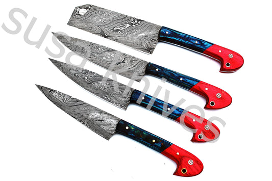 Custom Made Damascus Steel Kitchen Knives Set / Chef’s Knife 4-Pcs Set - SUSA KNIVES