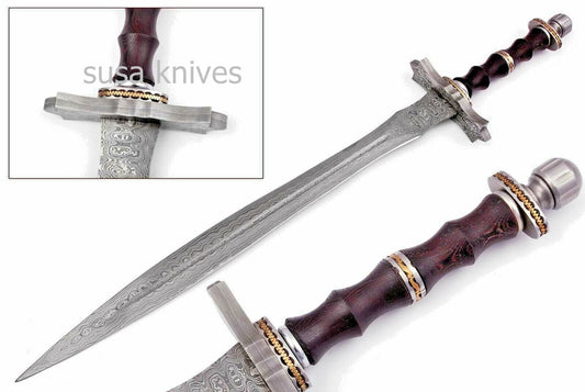 Beautiful Custom Handmade Damascus Steel Sword [Sheath] Rose Wood Handle - SUSA KNIVES