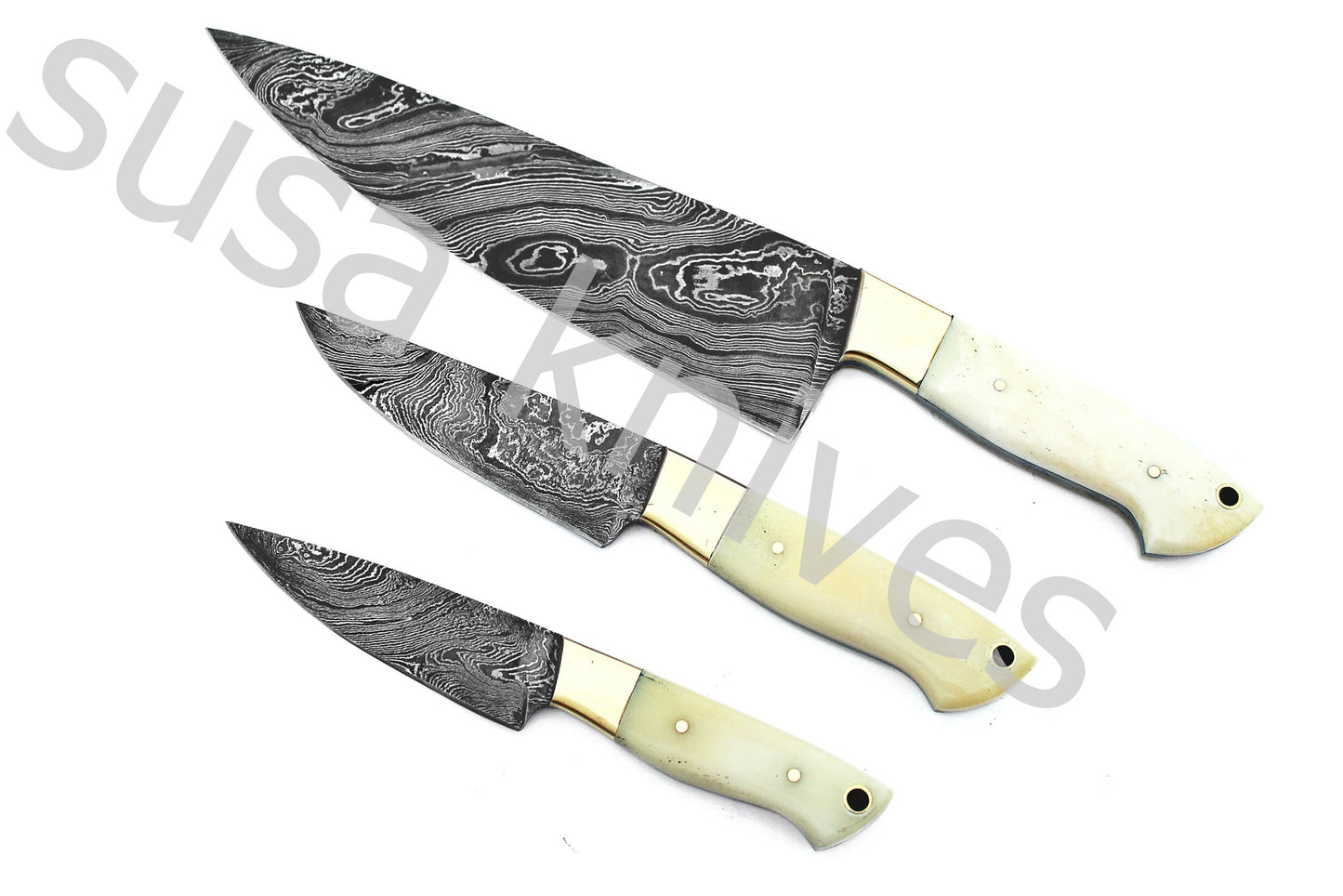 Custom Made Damascus Steel Kitchen Knives Set / Chef’s Knife 3-Pcs - SUSA KNIVES