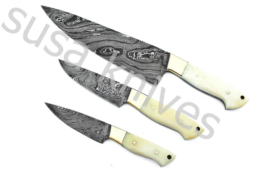 Custom Made Damascus Steel Kitchen Knives Set / Chef’s Knife 3-Pcs - SUSA KNIVES