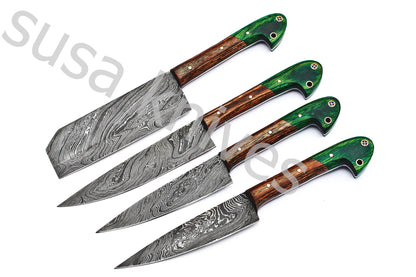 Custom Made Damascus Steel Kitchen Knives Set / Chef’s Knife 4-Pcs Set - SUSA KNIVES