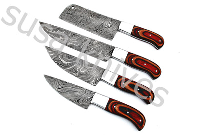 Custom Made Damascus Steel Kitchen Knives Set / Chef’s Knife 4-Pcs Set - SUSA KNIVES