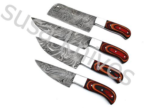 Custom Made Damascus Steel Kitchen Knives Set / Chef’s Knife 4-Pcs Set - SUSA KNIVES