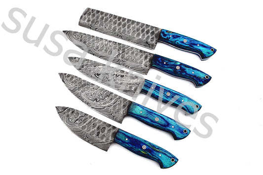 Custom Made Damascus Steel Kitchen Knives Set / Chef’s Knife 5-Pcs Set - SUSA KNIVES