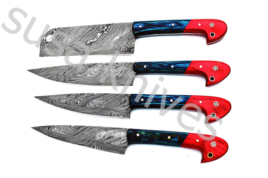 Custom Made Damascus Steel Kitchen Knives Set / Chef’s Knife 4-Pcs Set - SUSA KNIVES
