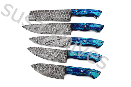 Custom Made Damascus Steel Kitchen Knives Set / Chef’s Knife 5-Pcs Set - SUSA KNIVES