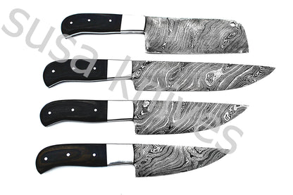 Custom Made Damascus Steel Kitchen Knives Set / Chef’s Knife 4-Pcs - SUSA KNIVES