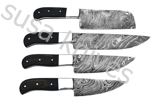 Custom Made Damascus Steel Kitchen Knives Set / Chef’s Knife 4-Pcs - SUSA KNIVES