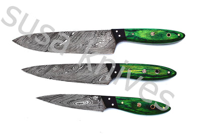 Custom Made Damascus Steel Kitchen Knives Set / Chef’s Knife 3-Pcs Set - SUSA KNIVES