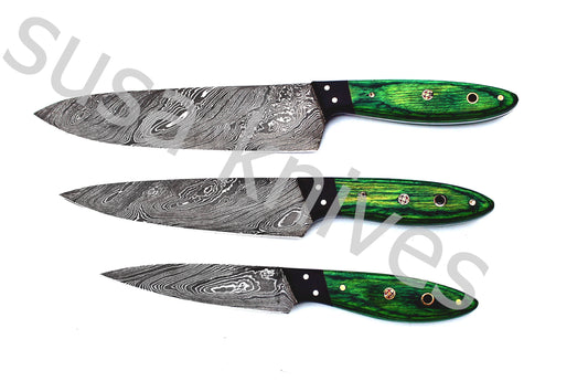 Custom Made Damascus Steel Kitchen Knives Set / Chef’s Knife 3-Pcs Set - SUSA KNIVES