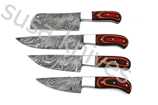 Custom Made Damascus Steel Kitchen Knives Set / Chef’s Knife 4-Pcs Set - SUSA KNIVES