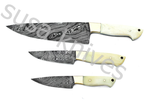 Custom Made Damascus Steel Kitchen Knives Set / Chef’s Knife 3-Pcs - SUSA KNIVES