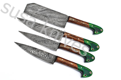 Custom Made Damascus Steel Kitchen Knives Set / Chef’s Knife 4-Pcs Set - SUSA KNIVES