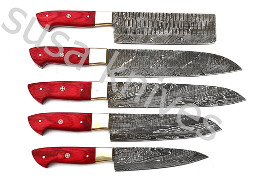 Custom Made Damascus Steel Kitchen Knives Set / Chef’s Knife 5-Pcs Set - SUSA KNIVES
