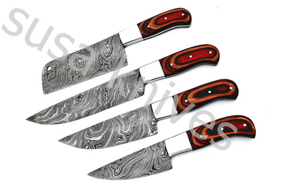 Custom Made Damascus Steel Kitchen Knives Set / Chef’s Knife 4-Pcs Set - SUSA KNIVES