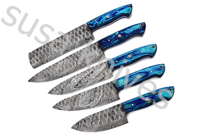 Custom Made Damascus Steel Kitchen Knives Set / Chef’s Knife 5-Pcs Set - SUSA KNIVES