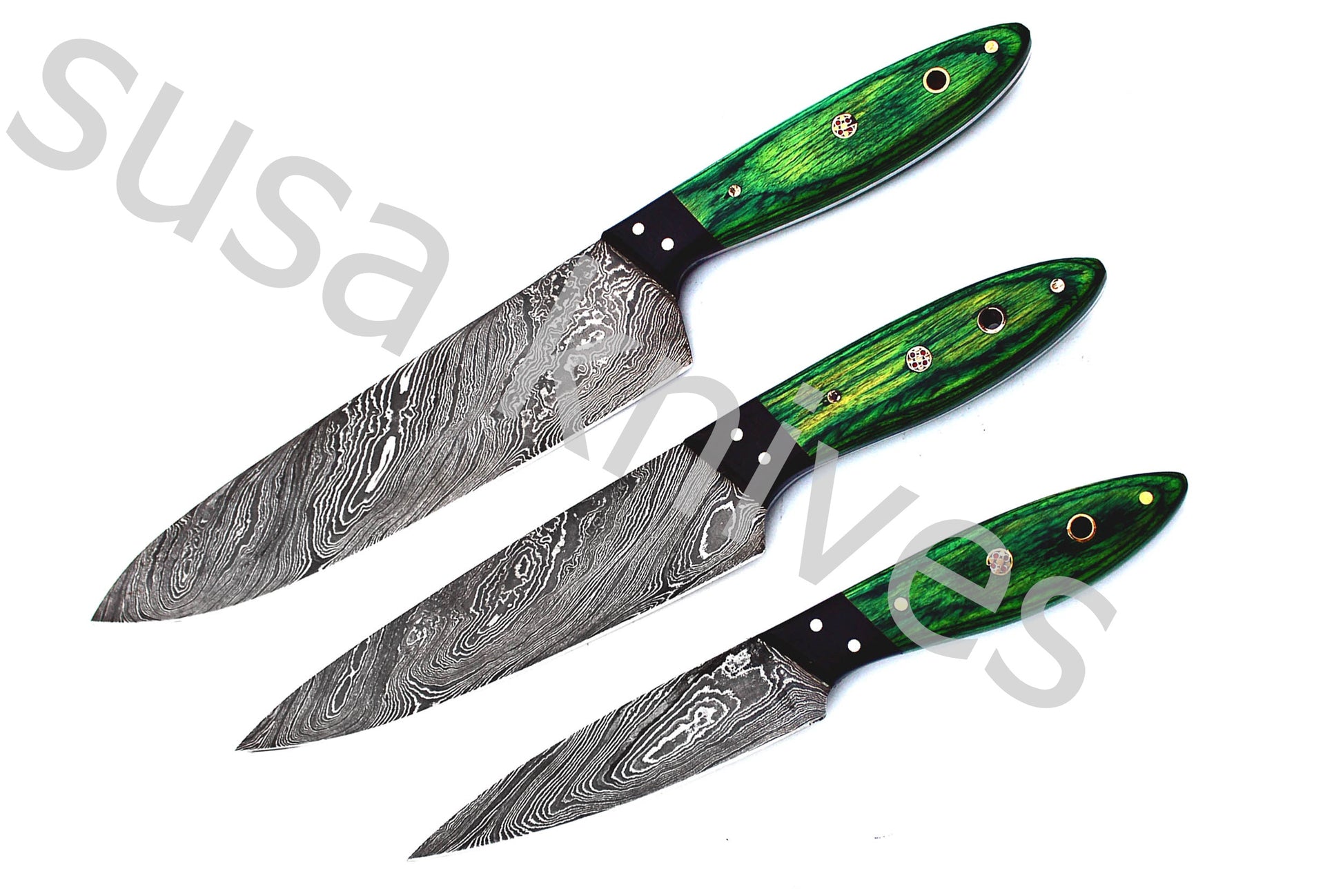 Custom Made Damascus Steel Kitchen Knives Set / Chef’s Knife 3-Pcs Set - SUSA KNIVES