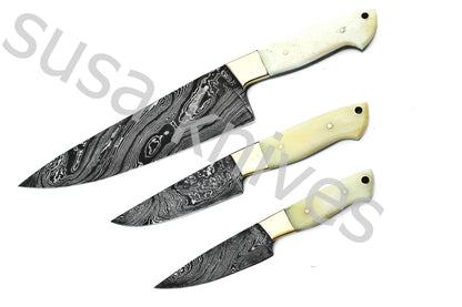 Custom Made Damascus Steel Kitchen Knives Set / Chef’s Knife 3-Pcs - SUSA KNIVES
