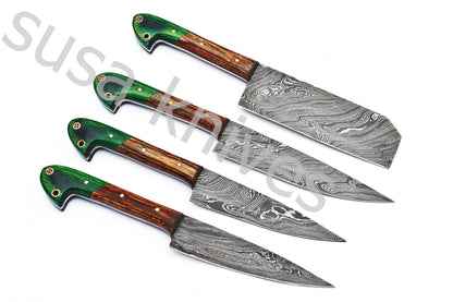 Custom Made Damascus Steel Kitchen Knives Set / Chef’s Knife 4-Pcs Set - SUSA KNIVES