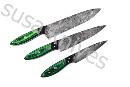 Custom Made Damascus Steel Kitchen Knives Set / Chef’s Knife 3-Pcs Set - SUSA KNIVES