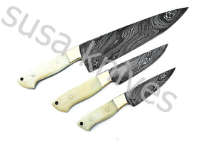 Custom Made Damascus Steel Kitchen Knives Set / Chef’s Knife 3-Pcs - SUSA KNIVES