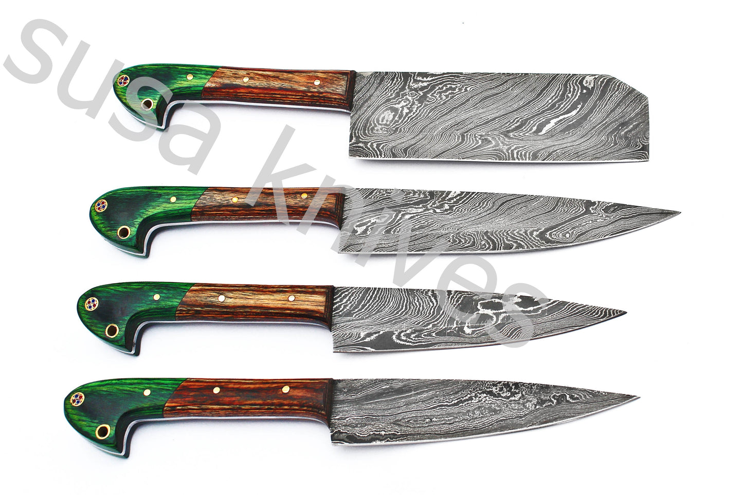 Custom Made Damascus Steel Kitchen Knives Set / Chef’s Knife 4-Pcs Set - SUSA KNIVES