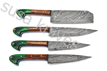 Custom Made Damascus Steel Kitchen Knives Set / Chef’s Knife 4-Pcs Set - SUSA KNIVES