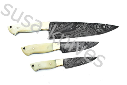 Custom Made Damascus Steel Kitchen Knives Set / Chef’s Knife 3-Pcs - SUSA KNIVES