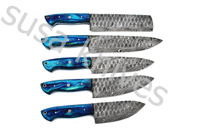 Custom Made Damascus Steel Kitchen Knives Set / Chef’s Knife 5-Pcs Set - SUSA KNIVES