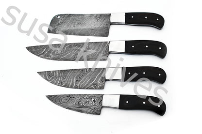 Custom Made Damascus Steel Kitchen Knives Set / Chef’s Knife 4-Pcs - SUSA KNIVES
