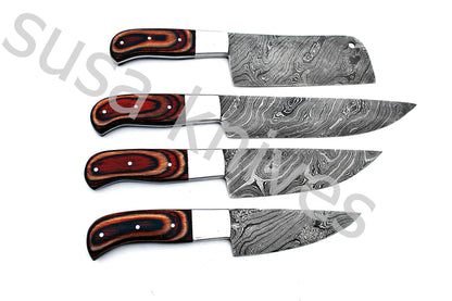 Custom Made Damascus Steel Kitchen Knives Set / Chef’s Knife 4-Pcs Set - SUSA KNIVES