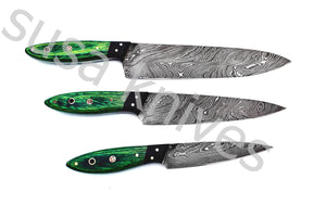 Custom Made Damascus Steel Kitchen Knives Set / Chef’s Knife 3-Pcs Set - SUSA KNIVES