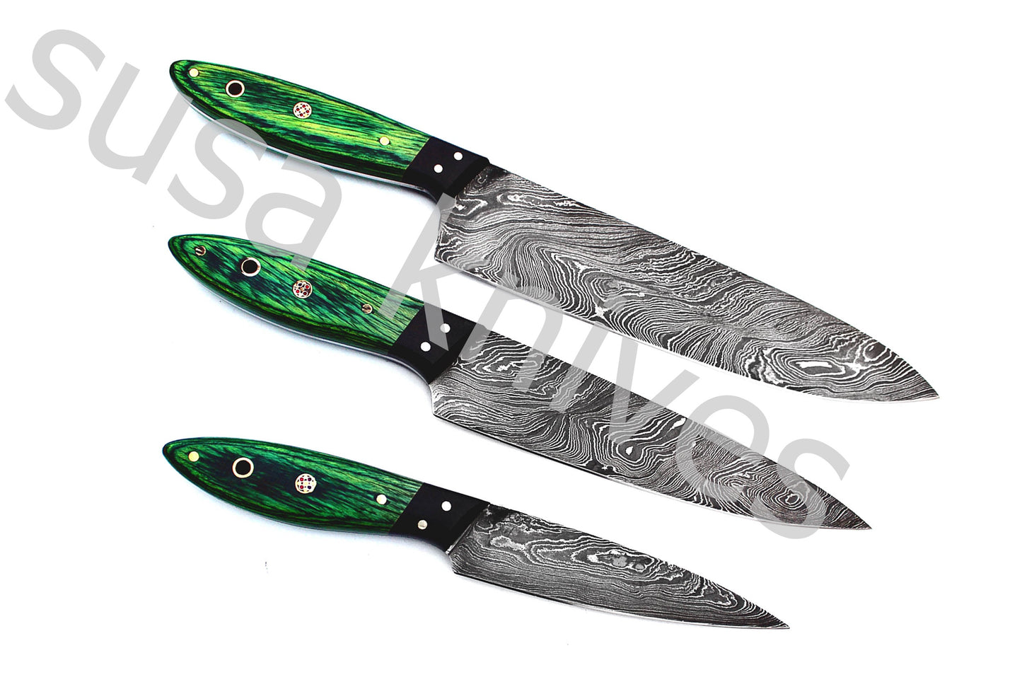 Custom Made Damascus Steel Kitchen Knives Set / Chef’s Knife 3-Pcs Set - SUSA KNIVES