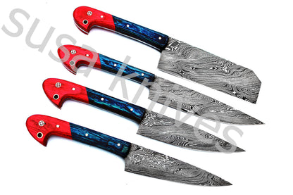 Custom Made Damascus Steel Kitchen Knives Set / Chef’s Knife 4-Pcs Set - SUSA KNIVES