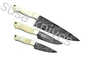 Custom Made Damascus Steel Kitchen Knives Set / Chef’s Knife 3-Pcs - SUSA KNIVES