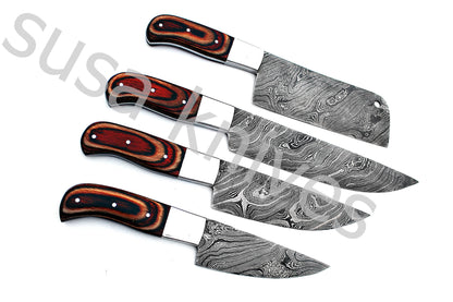 Custom Made Damascus Steel Kitchen Knives Set / Chef’s Knife 4-Pcs Set - SUSA KNIVES