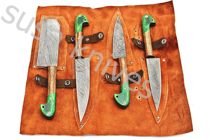 Custom Made Damascus Steel Kitchen Knives Set / Chef’s Knife 4-Pcs Set - SUSA KNIVES