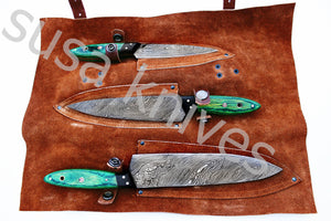 Custom Made Damascus Steel Kitchen Knives Set / Chef’s Knife 3-Pcs Set - SUSA KNIVES