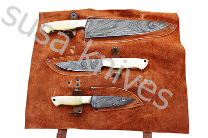 Custom Made Damascus Steel Kitchen Knives Set / Chef’s Knife 3-Pcs - SUSA KNIVES