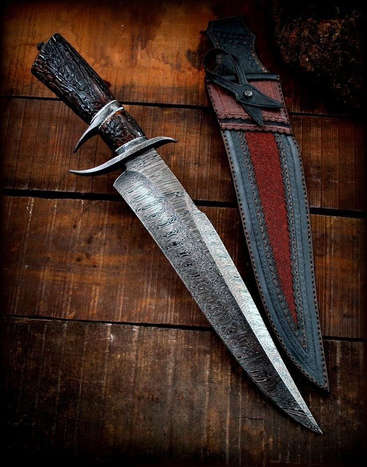 HANDMADE DAMASCUS STEEL HUNTING BOWIE KNIFE HANDLE MADE WITH STAG HORN WITH DAMASCUS GUARD - SUSA KNIVES