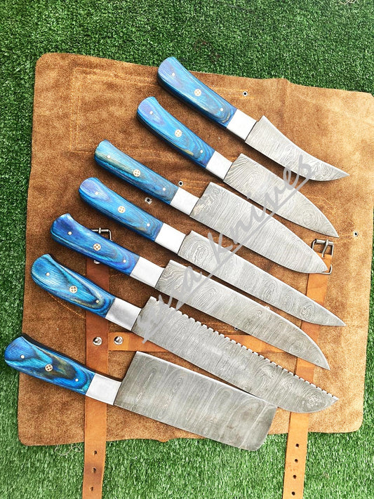 Set Of 7 Beautiful Handmade Damascus Steel Chef Knives With Leather Bag - SUSA KNIVES