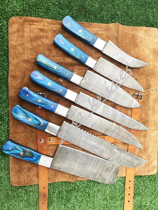 Set Of 7 Beautiful Handmade Damascus Steel Chef Knives With Leather Bag - SUSA KNIVES