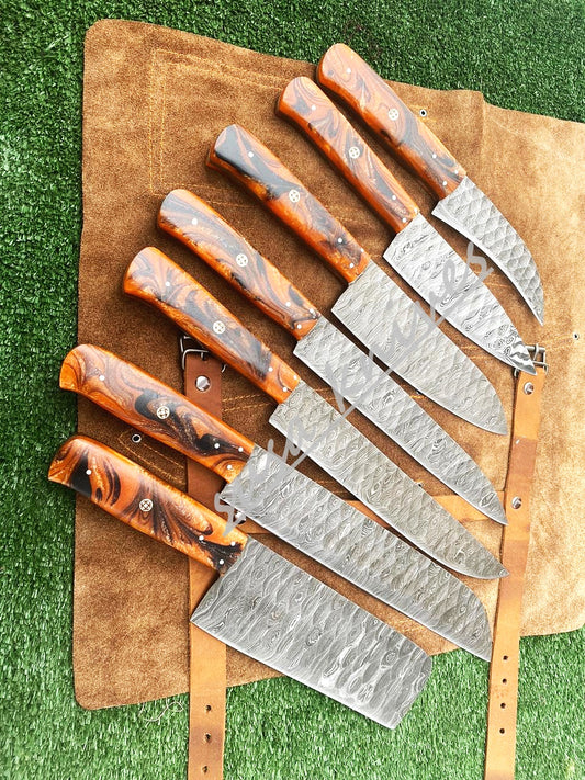 Set Of 7 Beautiful Handmade Damascus Steel Chef Knives With Leather Bag - SUSA KNIVES
