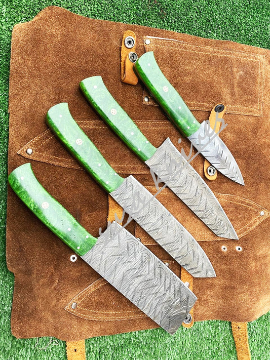 Custom Handmade Damascus Steel Fixed Blade Kitchen Chef Knife Set - SUSA KNIVES