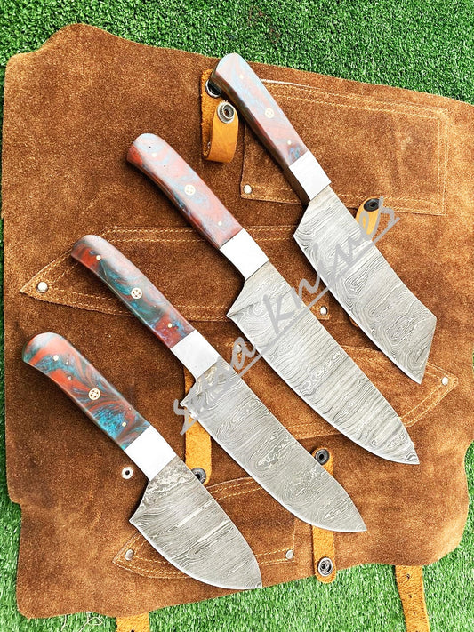Custom Handmade Damascus Steel Fixed Blade Kitchen Chef Knife Set - SUSA KNIVES