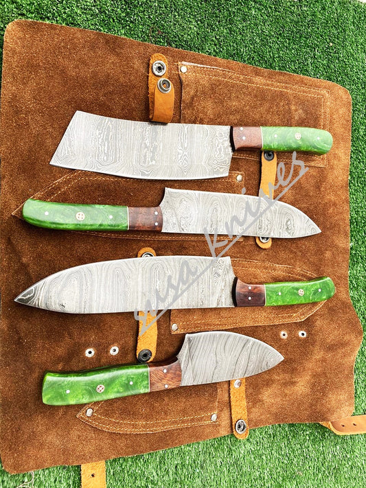 Custom Handmade Damascus Steel Fixed Blade Kitchen Chef Knife Set - SUSA KNIVES