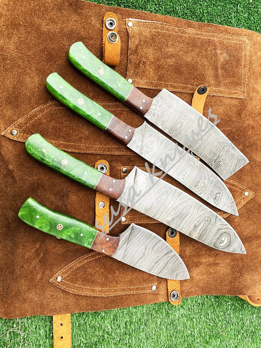 Custom Handmade Damascus Steel Fixed Blade Kitchen Chef Knife Set - SUSA KNIVES